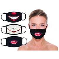 woman wearing vampire pennywise and joker face mask