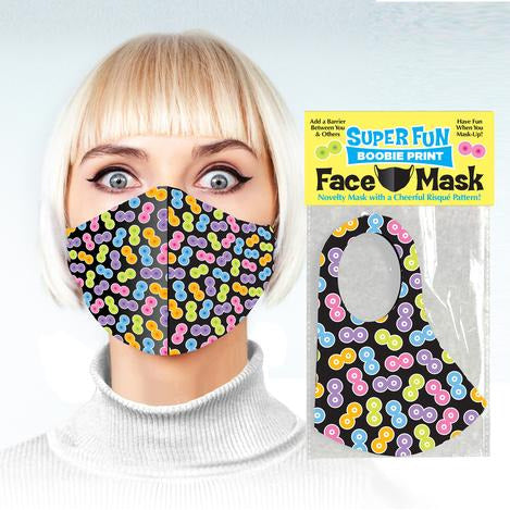 woman wearing boobie print face mask