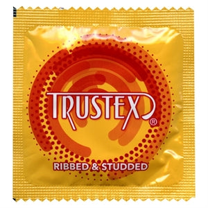 ribbed and studded condom in red and yellow packet 