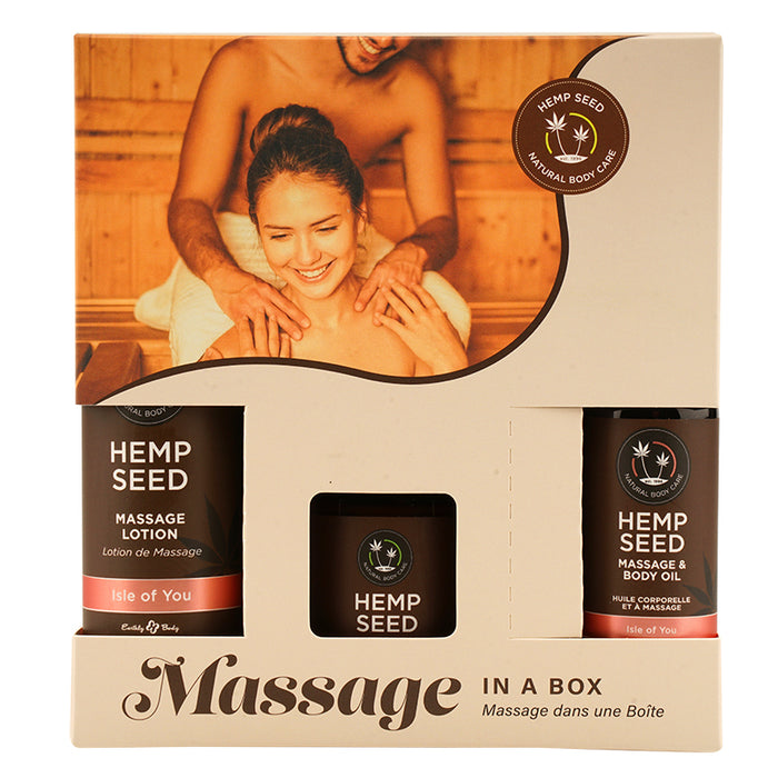 man holding woman hemp seed massage oil