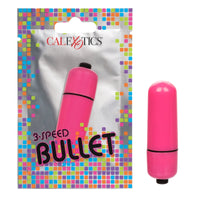 A pink, cylindrical bullet vibrator in its packaging, labeled as a 3-Speed Bullet by Cal Exotics. The packaging is colorful with a grid pattern.