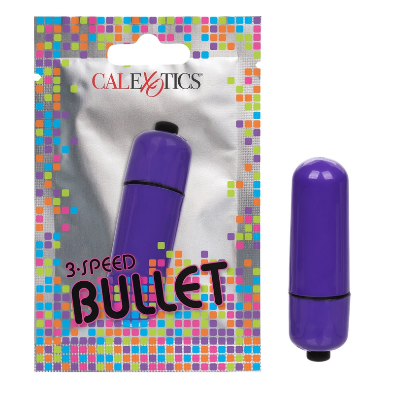 A purple, cylindrical bullet vibrator in its packaging, labeled as a 3-Speed Bullet by Cal Exotics. The packaging is colorful with a grid pattern.