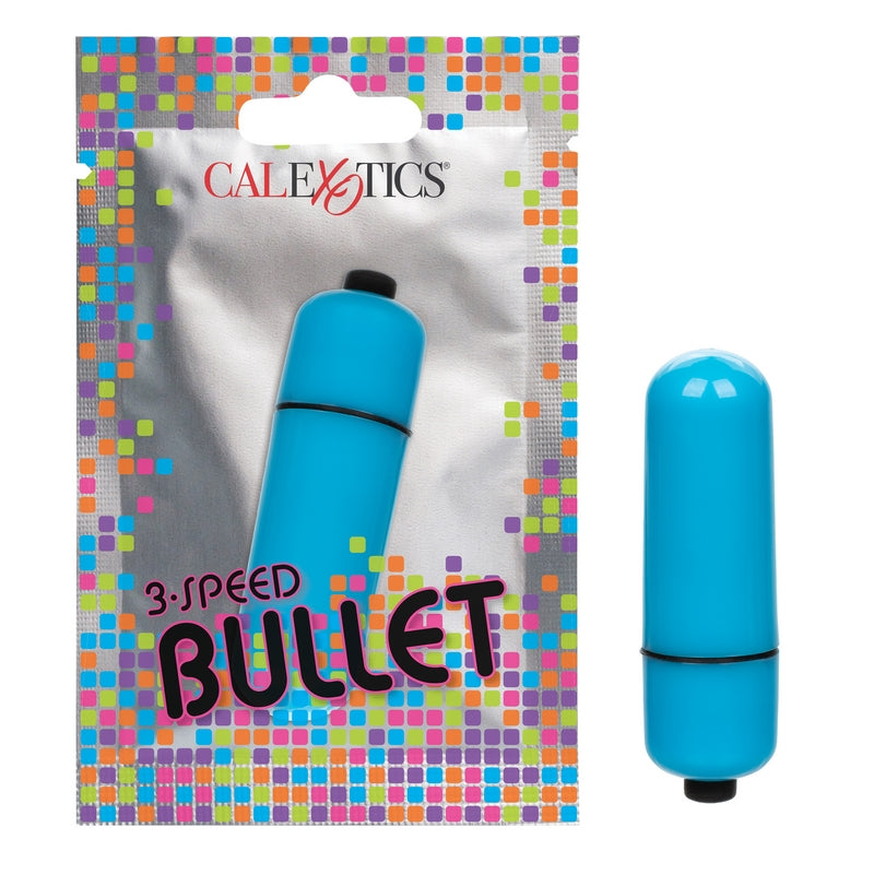 A blue, cylindrical bullet vibrator in its packaging, labeled as a 3-Speed Bullet by Cal Exotics. The packaging is colorful with a grid pattern.