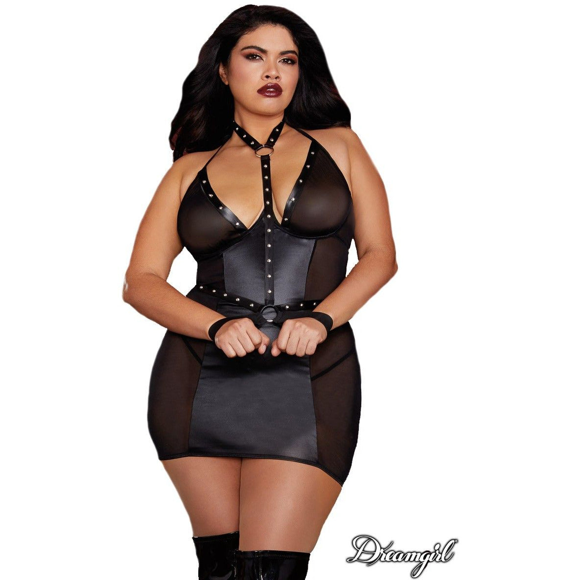 Studded Fetish 2pc Open Butt Chemise by Dreamgirl