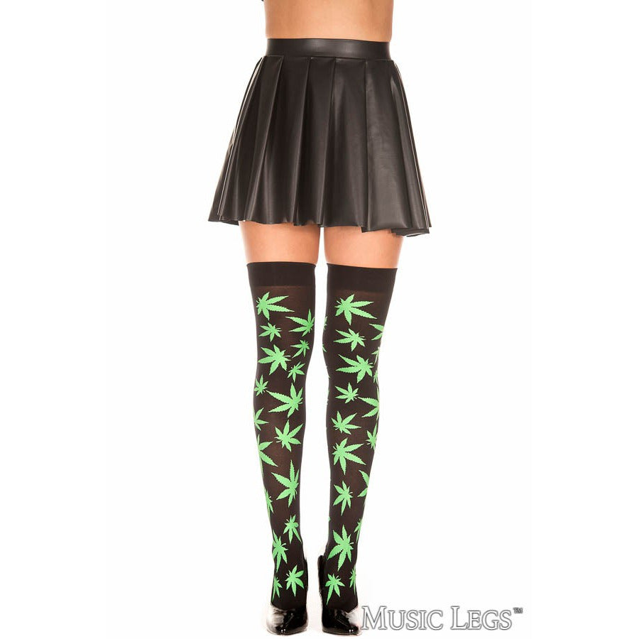 Pot Leaf Thigh High Stockings by Music Legs