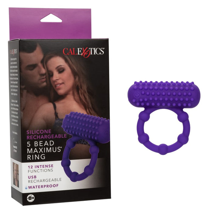 The image shows a purple silicone cock ring with raised beads, alongside its packaging. The box displays the product and indicates its features, including 12 vibration functions and waterproof design.