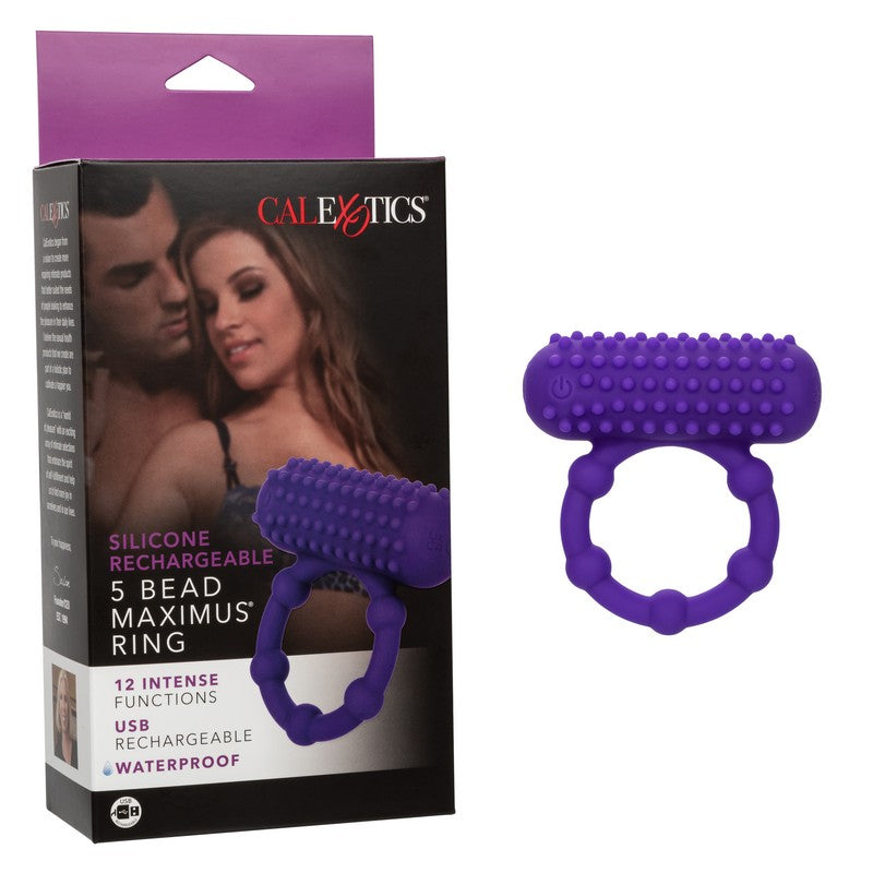 The image shows a purple silicone cock ring with raised beads, alongside its packaging. The box displays the product and indicates its features, including 12 vibration functions and waterproof design.