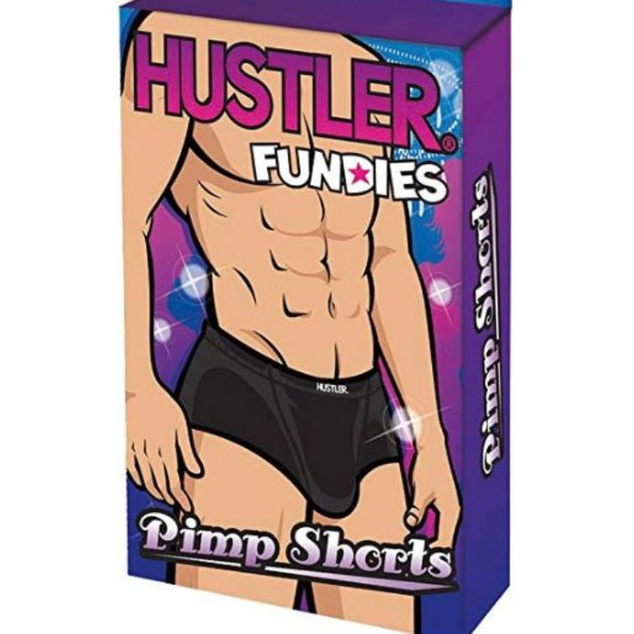 packaged box showing black novelty shorts