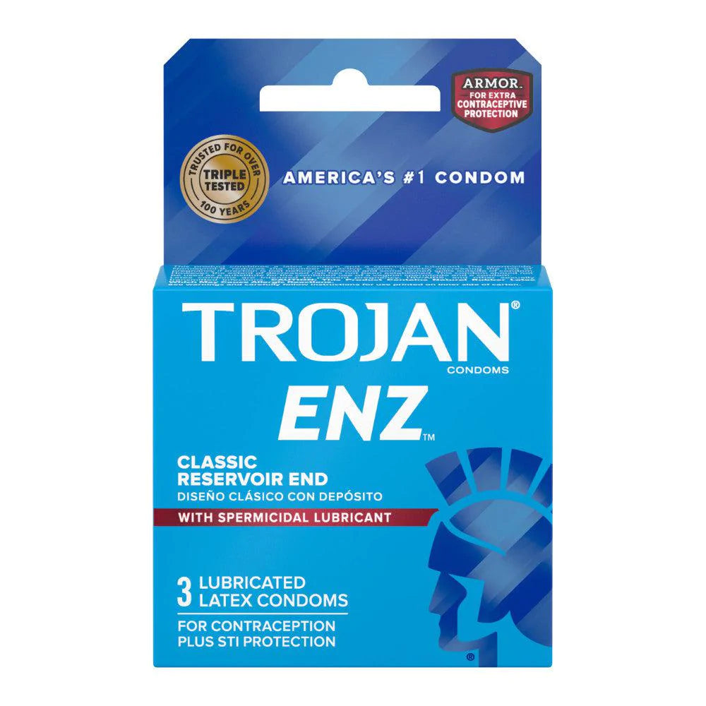 Packaging of TROJAN ENZ Armor Spermicidal Lubricant Condoms with a blue and white color scheme, featuring the brand's logo and product information.