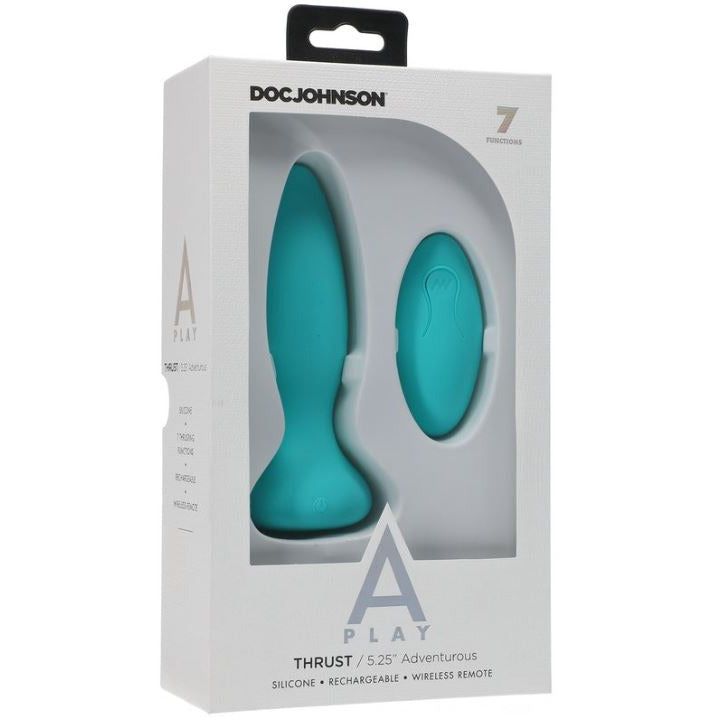 The product image shows the packaging of a turquoise-colored anal plug with a wireless remote control. The box highlights features such as the 10-function vibrating functionality, USB rechargeability, and a wide base for comfort.