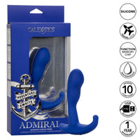 A blue curved anal plug with a handle, shown in its packaging which highlights features like silicone material, dual motors, and 10 function options.