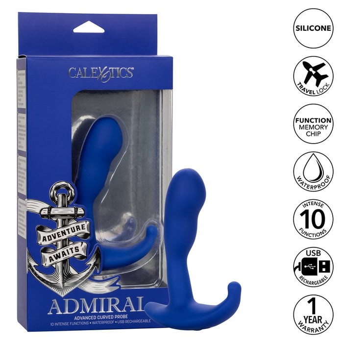 A blue curved anal plug with a handle, shown in its packaging which highlights features like silicone material, dual motors, and 10 function options.
