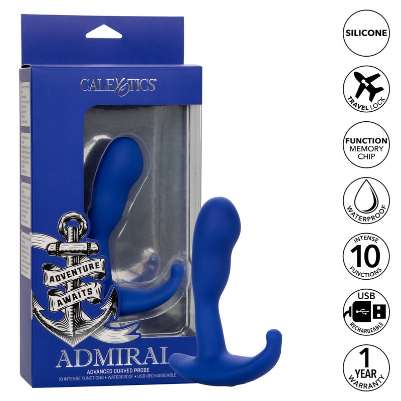 A blue curved anal plug with a handle, shown in its packaging which highlights features like silicone material, dual motors, and 10 function options.