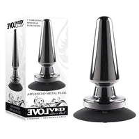 A black metal anal plug with a rounded tip and a tapered shape. The plug has a shiny, chrome finish and is attached to a black suction cup base.