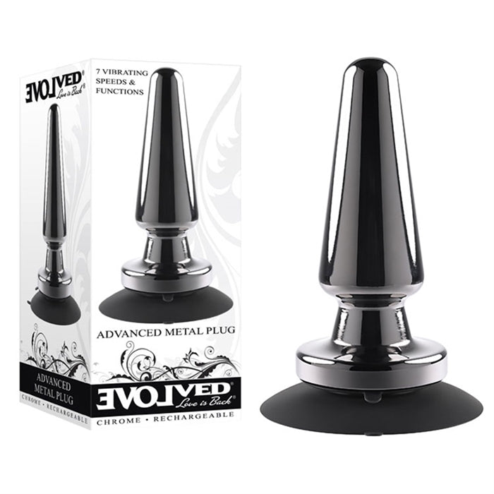 A black metal anal plug with a rounded tip and a tapered shape. The plug has a shiny, chrome finish and is attached to a black suction cup base.
