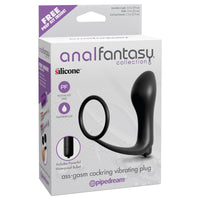 The image shows the packaging of the Anal Fantasy Ass Gasm Vibrating Anal Plug by Pipedream Products. The box is predominantly black and purple, with a clear window displaying the black silicone anal plug with a cock ring.