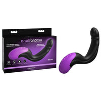 The product image shows a purple and black Anal Fantasy Hyper Pulse P Spot Vibrator. The vibrator has a curved design for P-spot stimulation and is shown alongside its packaging which highlights key features like USB rechargeability and multiple vibration modes.