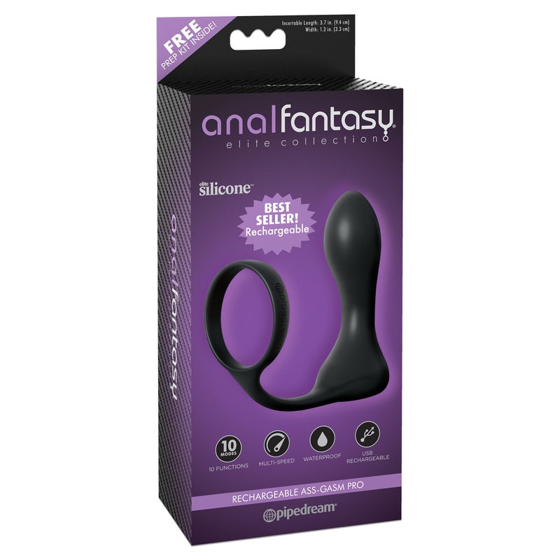 The product image shows the packaging of the Anal Fantasy Rechargeable Vibrating Ass Gasm, featuring a black silicone wearable plug and a Cockring, in a purple and black box.