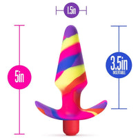 swirl rainbow anal plug with size specs on white background
