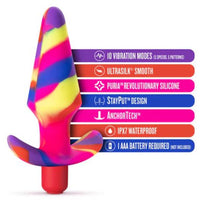 rainbow swirl butt plug with specs on white background