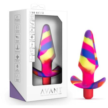 The product image shows a colorful anal plug with a tapered head and a decorative design. The plug is shown both inside and outside of its white and purple packaging, highlighting its vibrant colors and sleek design.
