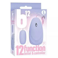 The image shows a pink 12-function vibrating bullet and a splash-proof remote controller in clear packaging, with branding and function details visible.