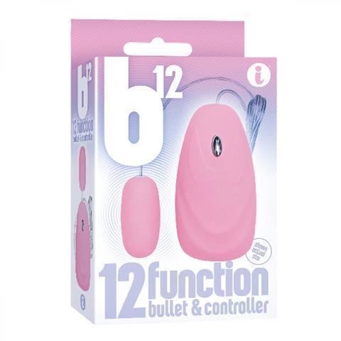 The image shows a pink 12-function vibrating bullet and a splash-proof remote controller in clear packaging, with branding and function details visible.