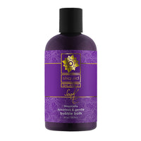 A bottle of Sliquid Balance Bubble Bath Limoncello with a purple label featuring floral patterns and the brand's logo.