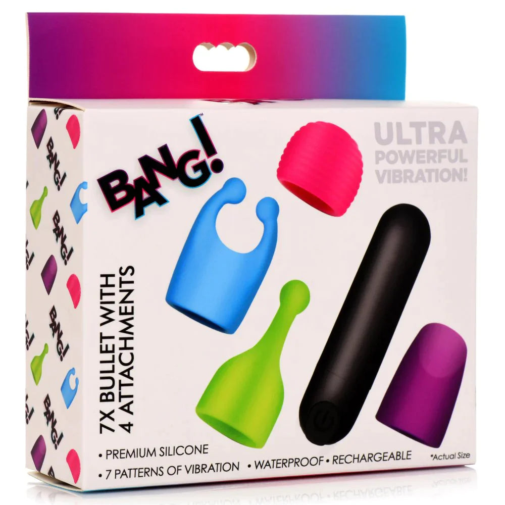 The image shows a product box with a graphic design, featuring the product name and details such as '7x Bullet', ' Attachments', 'Glow-in-the-Dark', 'Waterproof', and 'Rechargeable'. It also displays five silicone attachments in different colors: pink, green, blue, purple, and black.