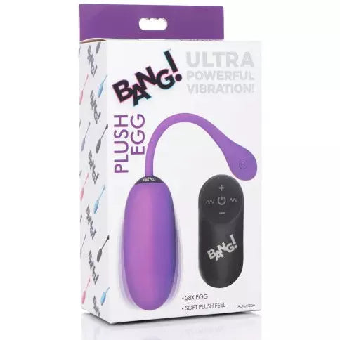 The image shows a plush egg vibrator in a light blue color, packaged in a box with the brand name 'XR'. The box also displays a wireless remote control with buttons for easy operation.