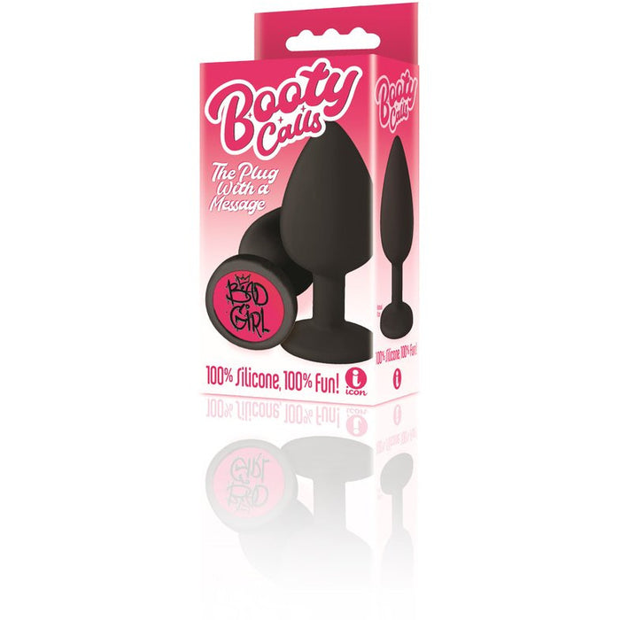 The product image shows the packaging of the Booty Calls anal plug, which is black and shaped like a classic plug with a smooth, rounded design. The packaging is pink and features the product name and branding details.