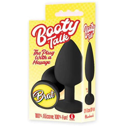 The product image shows a black anal plug with a textured surface, packaged in a box with vibrant yellow branding that reads 'Booty Talk'. The packaging also features the text 'The Plug With a Message' and highlights the product's material, which is silicone.