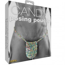The product image shows the packaging of the Candy Posing Pouch for Him, with the pouch itself visible through a cut-out window. The pouch appears to be made of multicolored candy, forming a sort of belt or pouch shape.