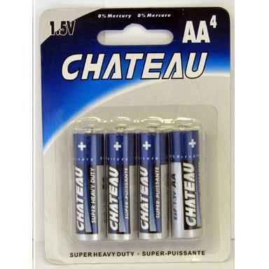 Pack of four Chateau AA batteries in a blister pack with blue and white color scheme.