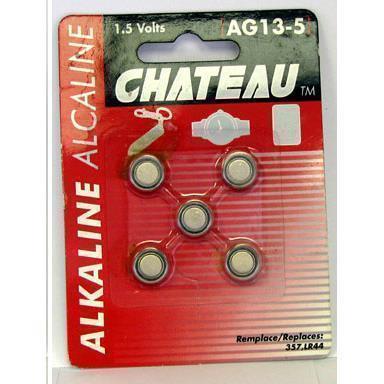 A pack of five Chateau brand AG-13 1.5 volt batteries, packaged in a red and silver card with the brand name and product details.
