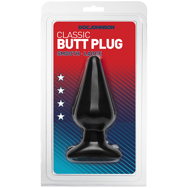 The image displays the packaging of the "Classic Butt Plug Smooth Large" by Doc Johnson. The product is visible through a clear plastic section of the package, showcasing a smooth, teardrop-shaped plug with a wide, flared base.