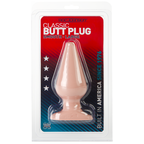 The image displays the packaging of the "Classic Butt Plug Smooth Large" by Doc Johnson. The product is visible through a clear plastic section of the package, showcasing a smooth, teardrop-shaped plug with a wide, flared base.