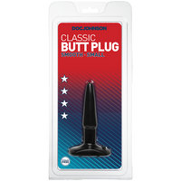The product is a small, smooth, tear-drop shaped butt plug with a wide base, packaged in a clear plastic case. The background is red with white stars.