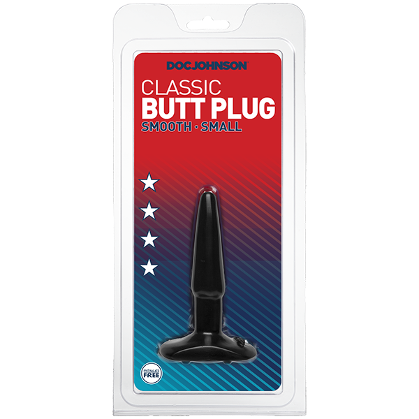 The product is a small, smooth, tear-drop shaped butt plug with a wide base, packaged in a clear plastic case. The background is red with white stars.