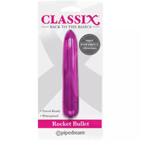 A pink Classix Rocket Vibrating Bullet in its packaging, labeled as travel-ready and waterproof.