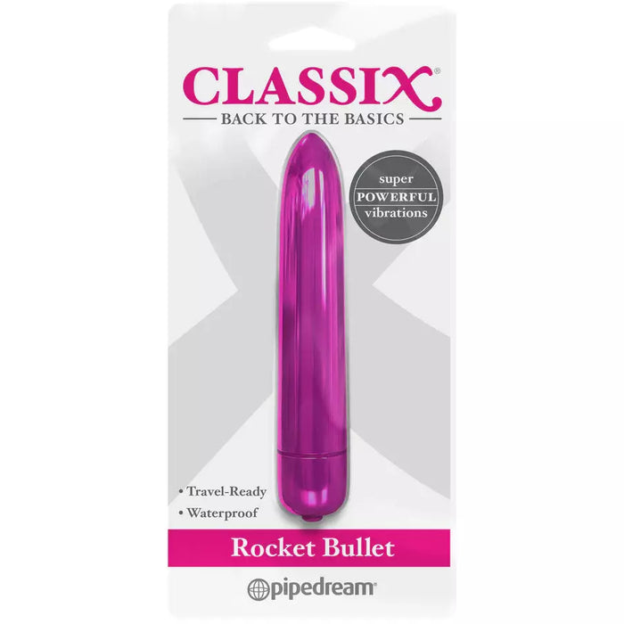 A pink Classix Rocket Vibrating Bullet in its packaging, labeled as travel-ready and waterproof.