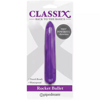 A purple Classix Rocket Vibrating Bullet in its packaging, labeled as travel-ready and waterproof.