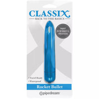 A blue Classix Rocket Vibrating Bullet in its packaging, labeled as travel-ready and waterproof.