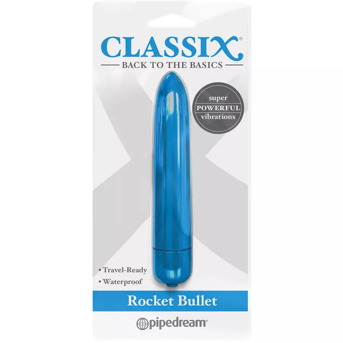 A blue Classix Rocket Vibrating Bullet in its packaging, labeled as travel-ready and waterproof.