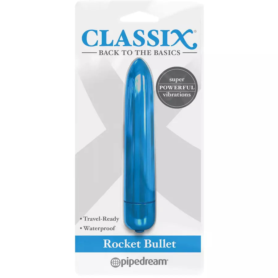 A blue Classix Rocket Vibrating Bullet in its packaging, labeled as travel-ready and waterproof.