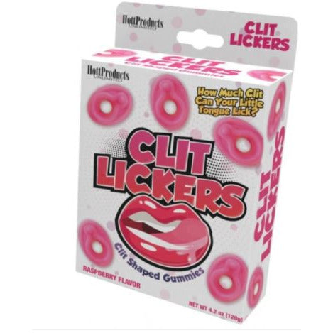 The image displays a product packaging for Clit Lickers Gummies in a raspberry flavor. The box is vividly designed with a white and pink color scheme, featuring bold text and graphics.