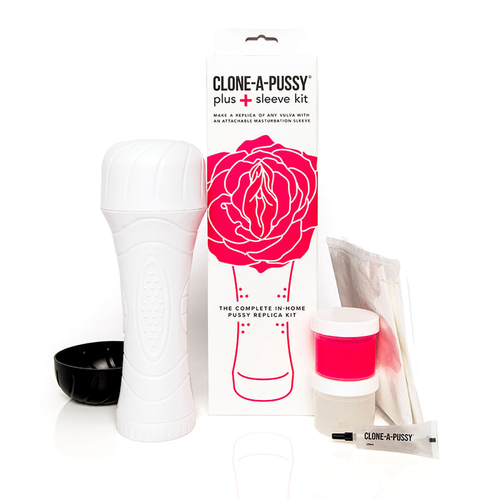 The image displays the Clone-A-Pussy+ Plus Sleeve Kit, which includes various components laid out such as silicone material, a mold, and the packaging with branding visible.