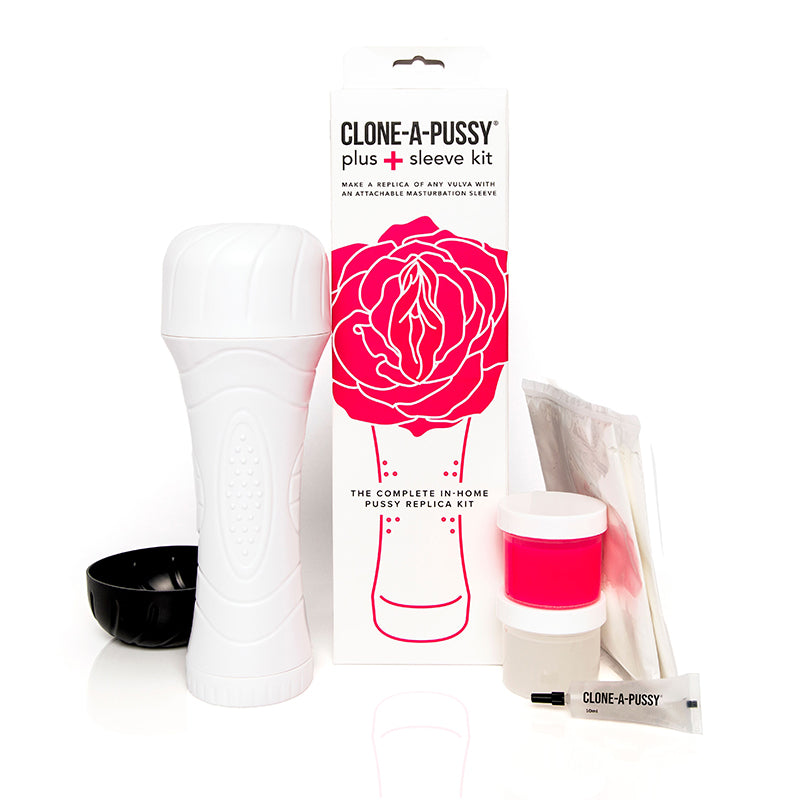 The image displays the Clone-A-Pussy+ Plus Sleeve Kit, which includes various components laid out such as silicone material, a mold, and the packaging with branding visible.