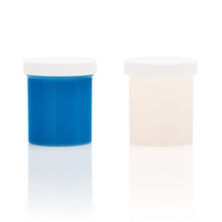 Two containers of liquid silicone refill, one blue and one white, on a reflective surface.
