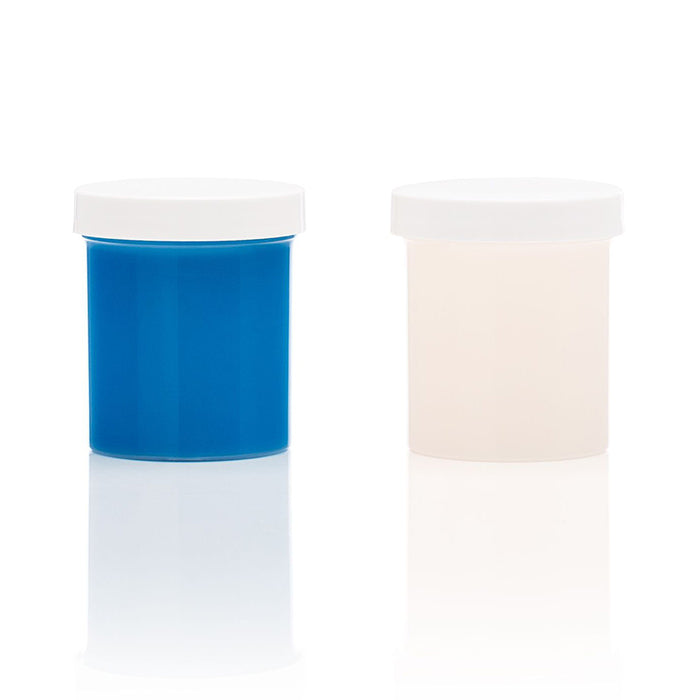 Two containers of liquid silicone refill, one blue and one white, on a reflective surface.